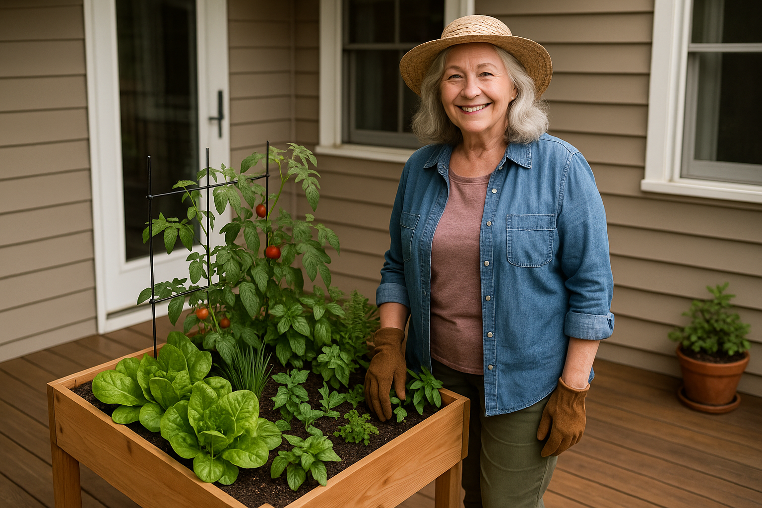 Linda, 63-year-old grandmother, with her 4-foot garden