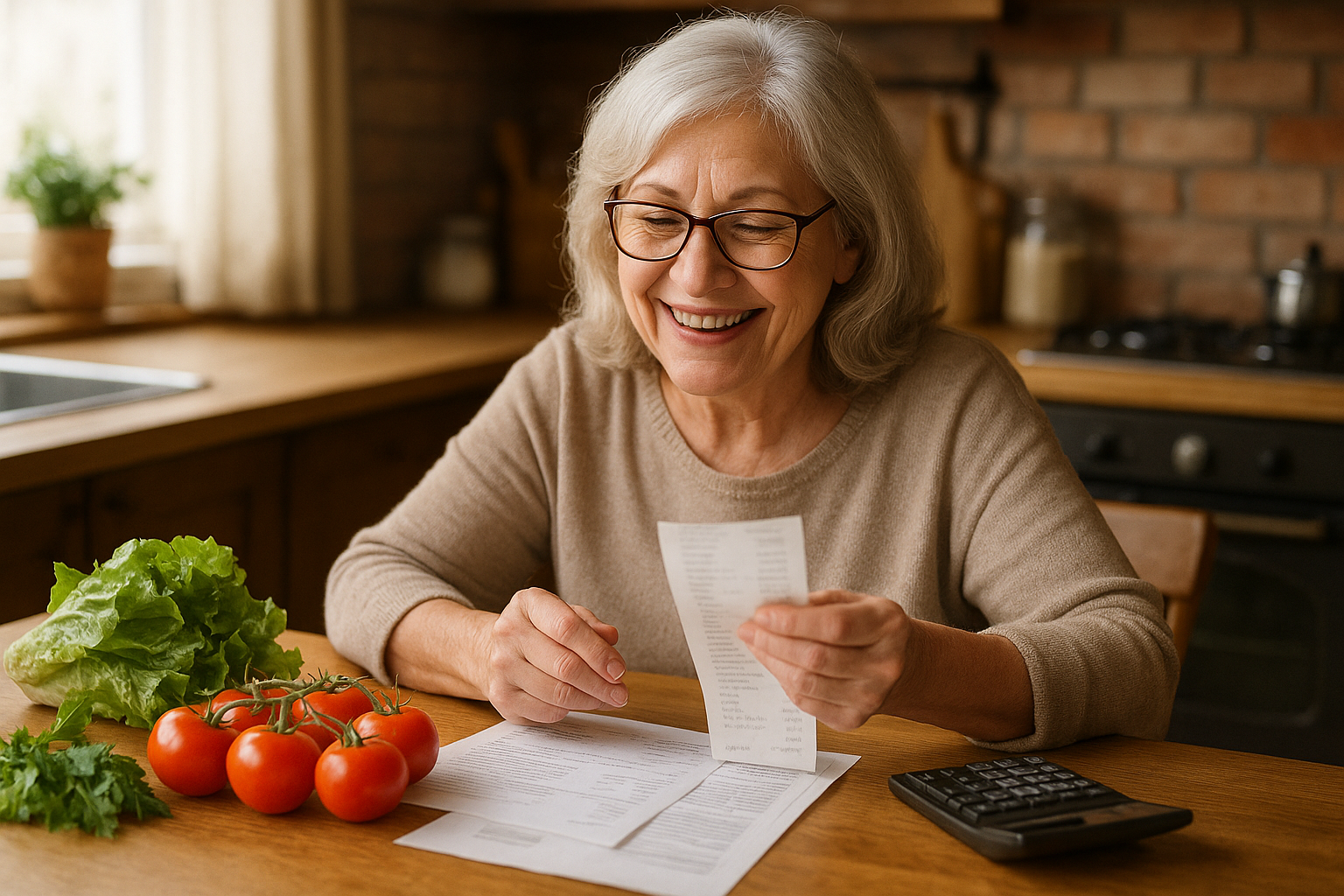 Linda reviewing her grocery savings at kitchen table