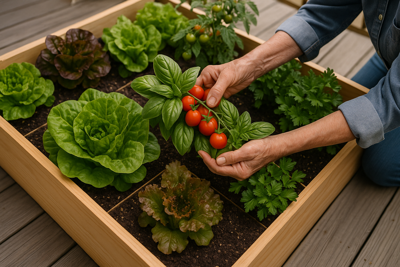 Hands harvesting fresh vegetables from 4-foot garden bed